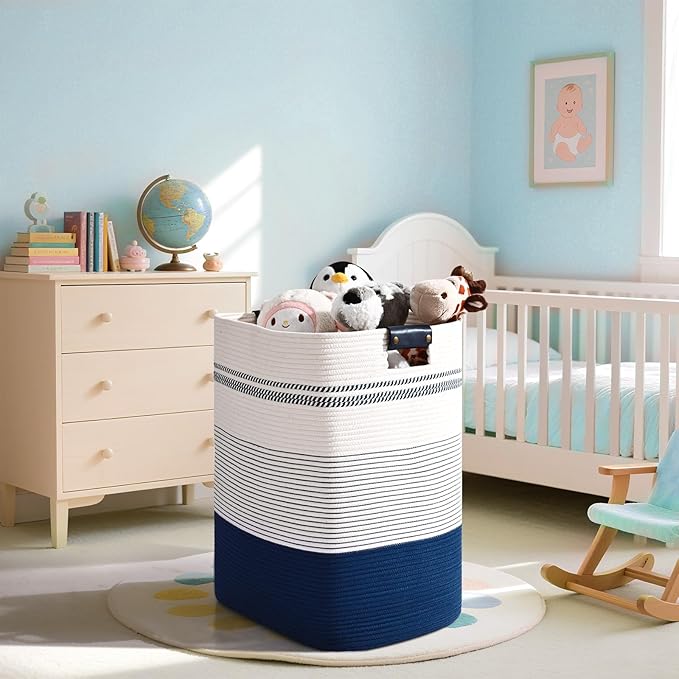 Laundry Hamper, 95L Tall Laundry Basket with Leather Handles, Rectangle Large Clothes Hamper for Organizing, Cotton Woven Laundry Baskets Storage Hampers for Bedroom, Nursery, Living Room