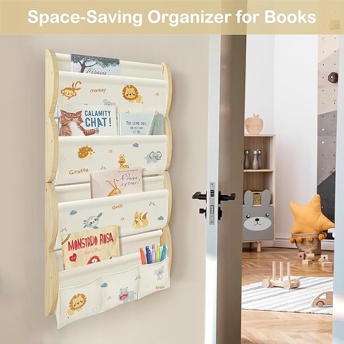 Wooden Wall Mounted Bookshelf for Kids Rooms, 4 Tier Floating Nursery Book Shelf, Kids Bookshelf with 2 Pockets, Toddler Sling Book Rack with Deep Sleeves (Jungle Animals)