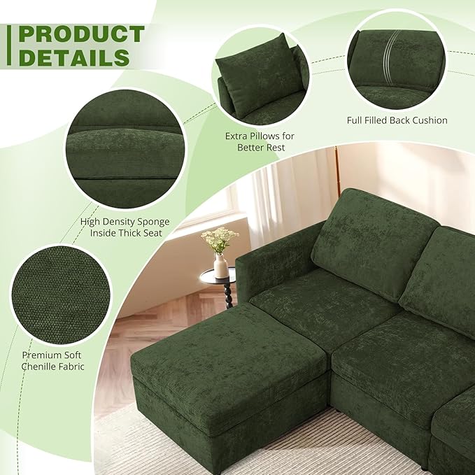 110” Chenille 4 Seats Sofa W/2 Movable Ottoman, Modern Fabric U-Shaped Couch with Soft Backrest, Upholstered Sectional Sofa with Armrest Pillows for Living Room, Office, Green