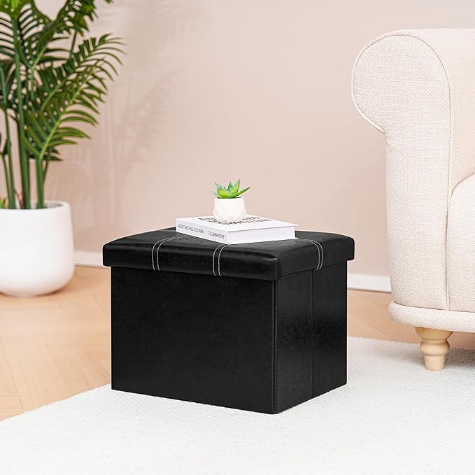 B FSOBEIIALEO Folding Storage Ottoman, Faux Leather Footrest Seat Coffee Table Toy Chest Kids, Black 16.5"x12.6"x12.6"