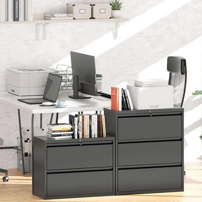 Greenvelly 2 Drawer File Cabinet, Black Metal Lateral File Cabinet with Lock, Office Filing Cabinet for Legal/Letter/A4/F4 Size with Hanging Files&Key, Lockable File Cabinets for Home Office
