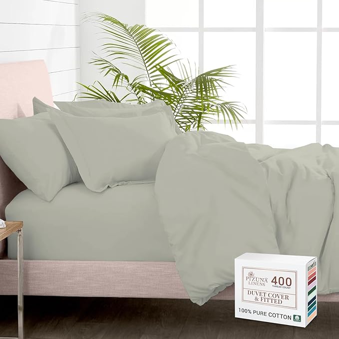 Pizuna 100% Cotton Full 3 Pc Duvet Cover + 1 Pc Fitted Sheet Set 400 Thread Count Silver Sateen Weave Luxurious Long Staple Cotton 4 Piece Bedding Set - 1 Duvet Cover, 2 Pillow Shams, 1 Fitted Sheet