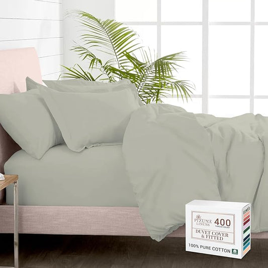 Pizuna 100% Cotton King 3 Pc Duvet Cover + 1 Pc Fitted Sheet Set 400 Thread Count Silver Sateen Weave Luxurious Long Staple Cotton 4 Piece Bedding Set - 1 Duvet Cover, 2 Pillow Shams, 1 Fitted Sheet