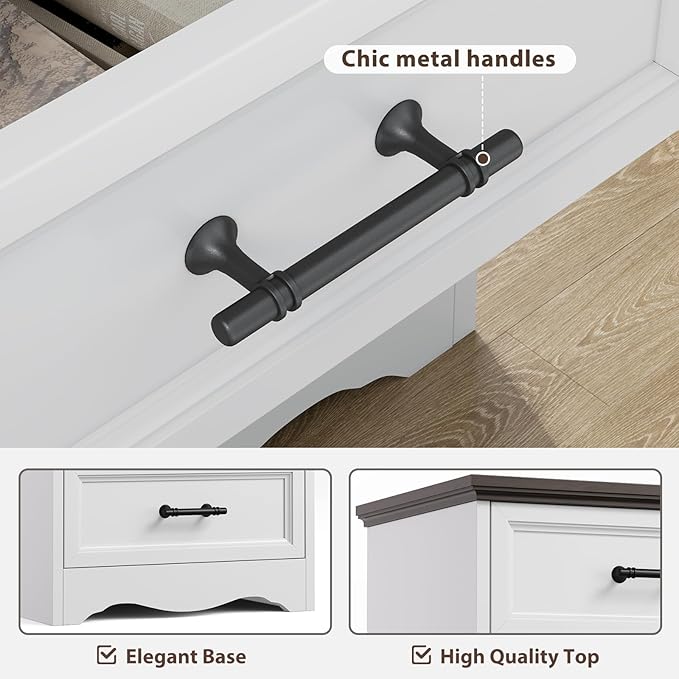 Farmhouse Nightstand with Charging Station, White Wood Bedside Table & End Table with 3 Drawers and Unique Base Design, Side Table Storage Cabinet with Metal Handles for Bedroom, Living Room