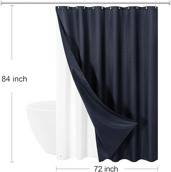 3 in 1 Extra Long Navy Blue Shower Curtain Set-72 W x 84 H, Modern Waffle and PEVA Liner Set with 12 Stainless Steel Hooks, Waterproof Fabric for Bathroom