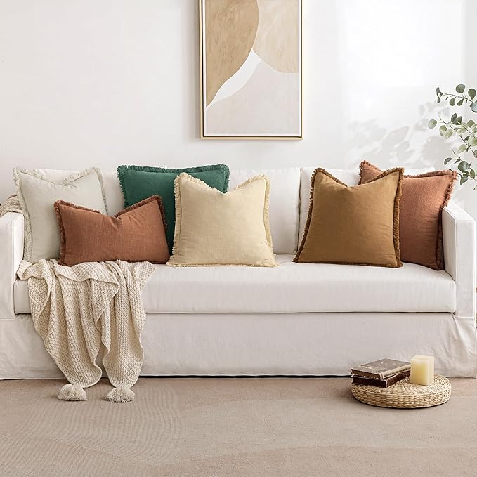 MIULEE Decorative Throw Pillow Covers Neutral Linen Fringe Throw Pillows Set of 2 Greyish Green Boho Farmhouse Cushion Covers with Tassels for Couch Sofa Bed Living Room Spring Home Decor 18x18 Inch