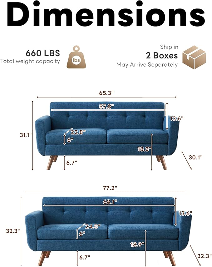 Tbfit Mid Century Modern Sofa Couch, Blue, Loveseat & Standard Sofa