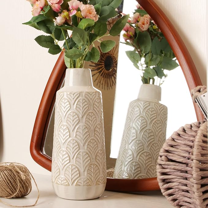 10 Inch White Ceramic Vase, Cute Flower Vase for Pampas Grass, Home, Living Room, Dining Table, Farmhouse, Office Decor, Bedroom, Table, and Kitchen Shelf