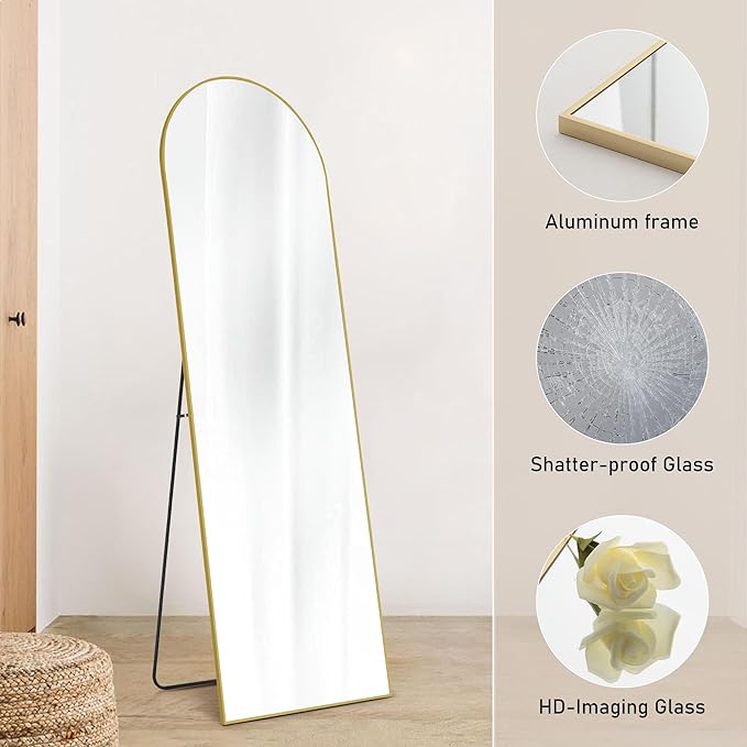 OLIXIS Arched Full Length Mirror 64"x 21" for Bedroom, Full Body Mirror with Stand, Hanging or Leaning for Wall, Aluminum Alloy Thin Frame Floor Standing for Living Room, Long, Gold