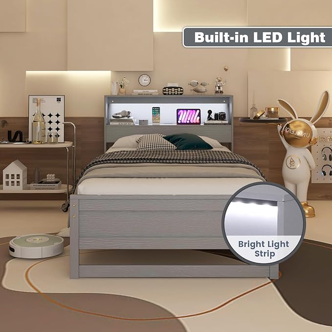 KOMFOTT Twin Size Wood Platform Bed Frame with Charging Station & LED Light, Platform Bed with Storage Headboard & 12” Under-Bed Space, No Box Spring Needed Bed Base, Wood Mattress Foundation (Grey)