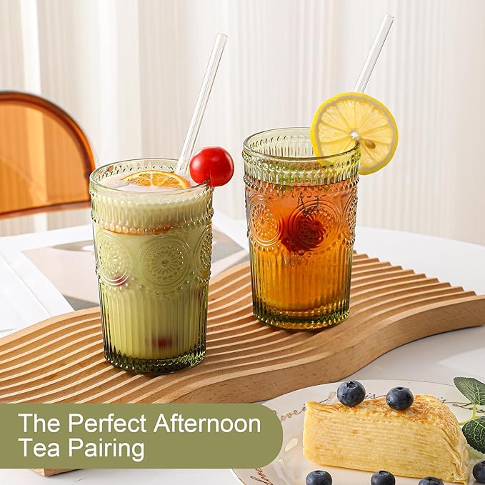 Vintage Glassware Drinking Glasses Set of 6,13 oz Green Textured Flower Design Glass Water Tumblers,Embossed Striped Drinkware for Water,Cocktails,Juice,Iced Coffee