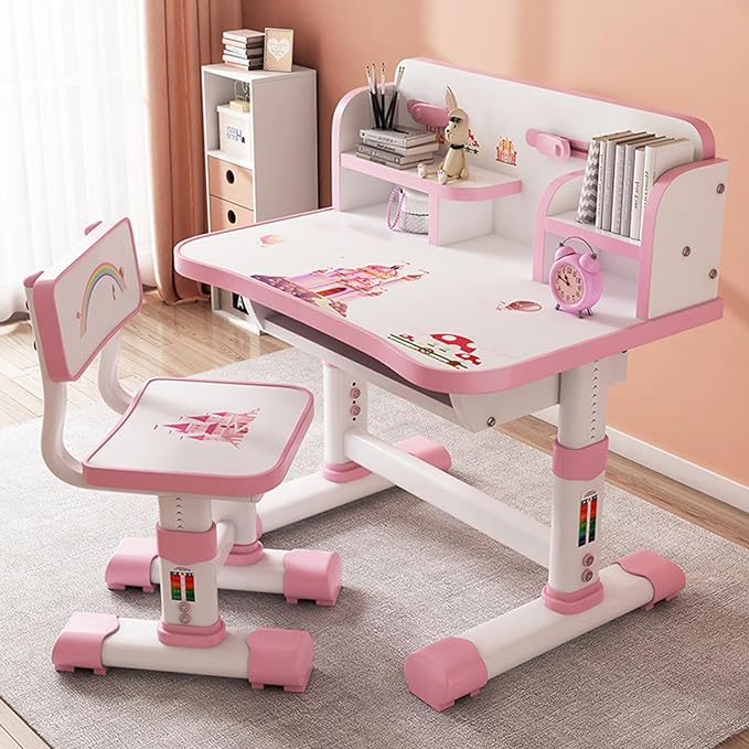 Children Learning Desk and Chai Set, Children Study Desk with Chair,Kids Widened Desktop Cartoon Pattern Pink Desk Chair, Suitable for Reading, Learning, Writing, Painting, Etc Blue(Pink-B)