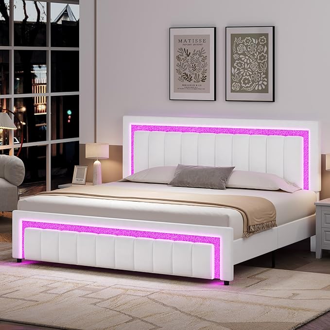 HOMBCK King Size Bed Frame with LED Lights and Velvet Upholstered Headboard, Bed Frame King with Modern Diamond Headboard Adjustable, Wooden Slats Support, Noise Free, No Box Spring Needed, White