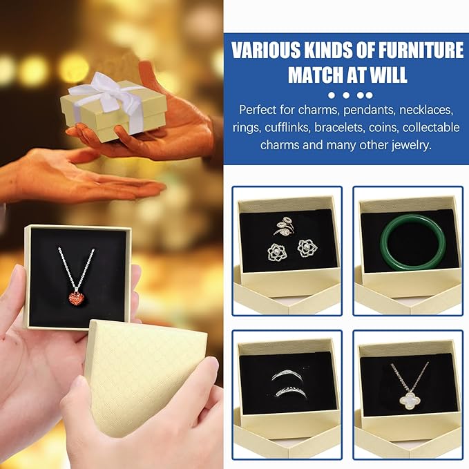 Glarks 17pcs Champagne Color 2.95 x 2.95in Jewelry Gift Boxes with Pink Scissors and White Polyester Ribbon Set, Diamond Pattern Necklace Earring Bracelet Boxes Gift Case Ideal