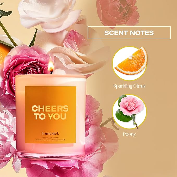 Homesick Scented Candles for Home (Cheers to You) - 7.5 oz Long-Lasting Natural Soy Wax Blend Jar Candle Gift for Women & Men for All Occasions, 30-35 Hours Burn Time - Notes of Citrus & Peony