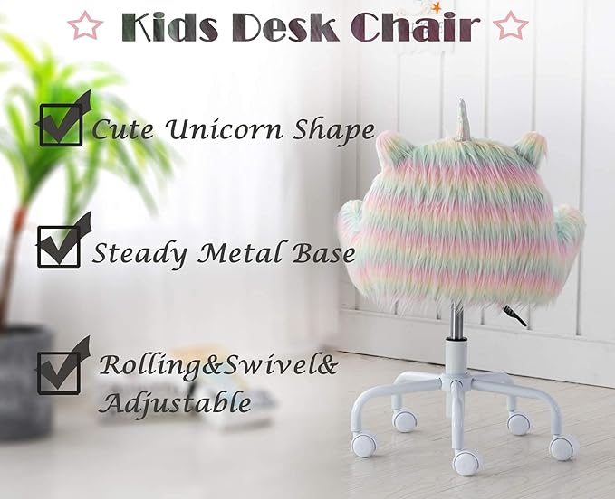 Cute Unicorn Kids Desk Chair with Arms, Swivel Rolling Ergonomic Computer Chair for Girls' Reading and Study, Rainbow Faux Fur Vanity Desk Chair