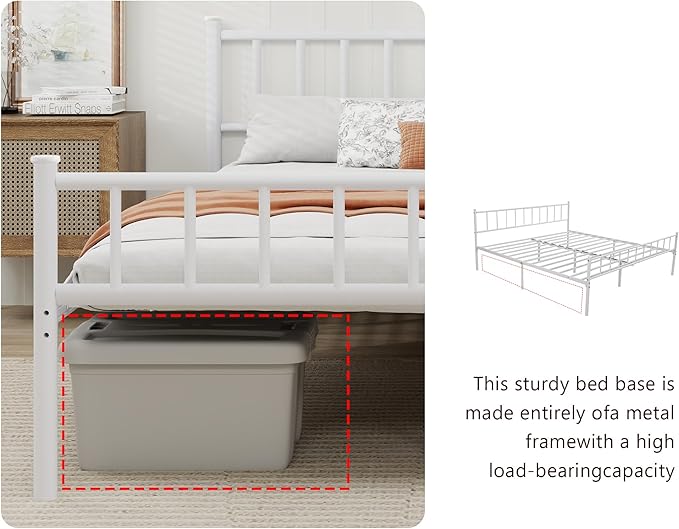 Metal Platform King Bed Frame with Headboard Sturdy Steel Slats Support No Box Spring Needed Easy Assembly White
