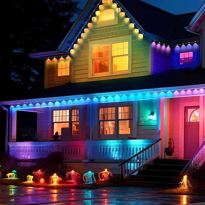 Permanent Outdoor String Lights 150ft, Smart RGB App Control with 90 LEDs, LED Eaves Lights IP67 Waterproof, House Roof Outdoor Lighting for Party, Daily, Halloween, Christmas,Garden