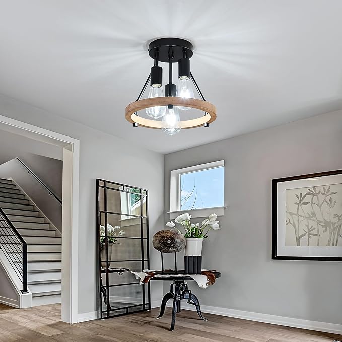 3-Light Wood Semi Flush Mount Ceiling Light Fixture Metal Rustic Ceiling Light Industrial Farmhouse Chandelier for Hallway Entryway Bedroom Kitchen Foyer Passway Balcony