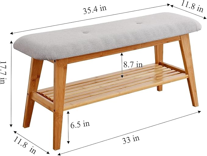 Bamboo Shoe Bench, Entryway Bench, 2 Tier Shoe Rack Bench (Nature,35.4'')