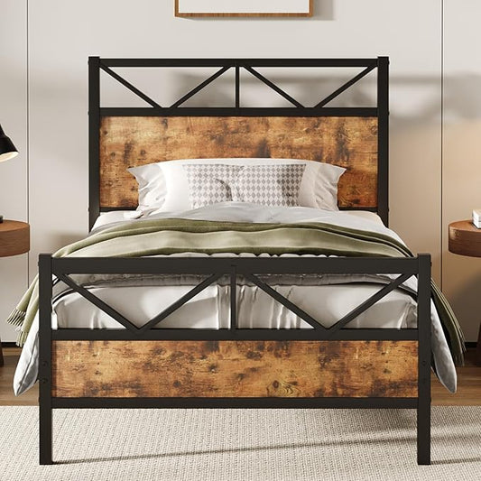 Twin Bed Frames, Bed Frame Twin Size with 51.2" Tall Industrial Headboard, Twin Size Patform Bed Frame with Solid Steel Slats Support, Noise Free, No Box Spring Needed, Easy Assembly, Rustic Brown