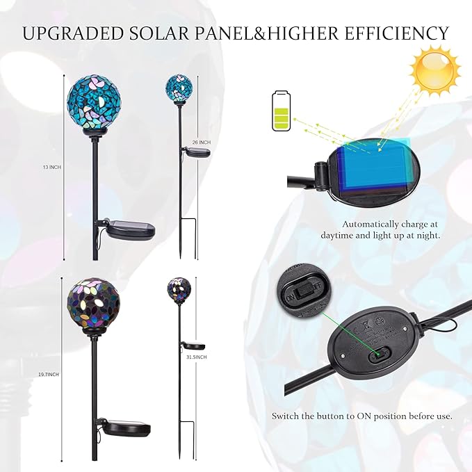 VCUTEKA Solar Garden Decorative Lights Outdoor, Mosaic Solar Light Waterproof LED Pathway Stake Light for Landscape Patio Yard Deck Walkway Decoration, 2 Pack (Blue&Purple)