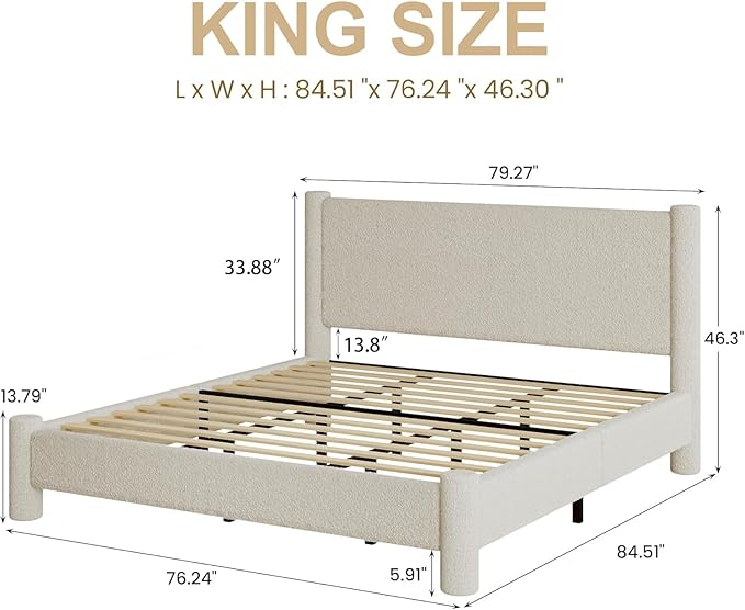 King Size Soft Bed Frame, Boucle Bed Frame with Headborad, Upholstered Platform Bed Frame with Rounded Corners, No Box Spring Required, Easy Assembly, Cream
