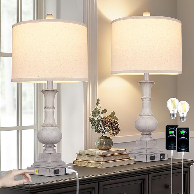 26" Farmhouse Table Lamps Set of 2, Rustic Touch Control Bedside Lamps with 2 USB Ports & AC Outlet, Vintage Resin 3-Way Dimmable Nightstand Lamp Linen Fabric Shade for Living Room Bedroom Decor Gray