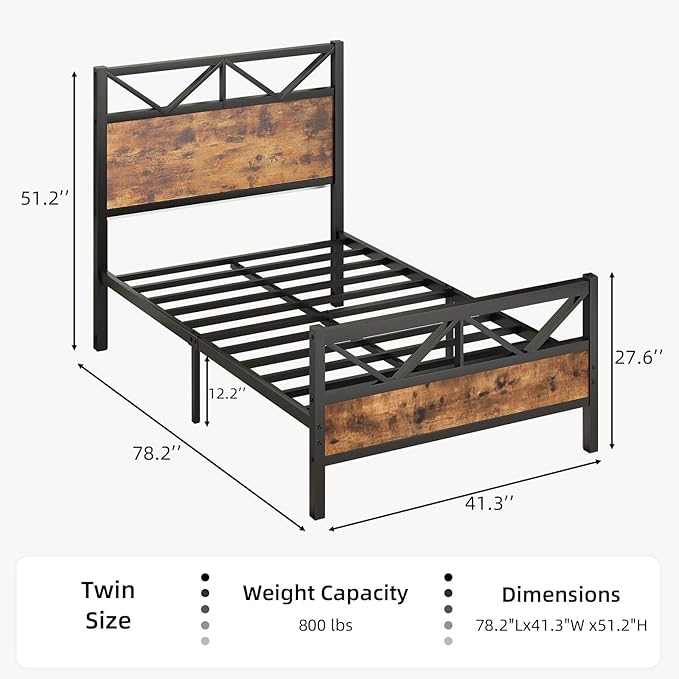 Twin Bed Frames, Bed Frame Twin Size with 51.2" Tall Industrial Headboard, Twin Size Patform Bed Frame with Solid Steel Slats Support, Noise Free, No Box Spring Needed, Easy Assembly, Rustic Brown