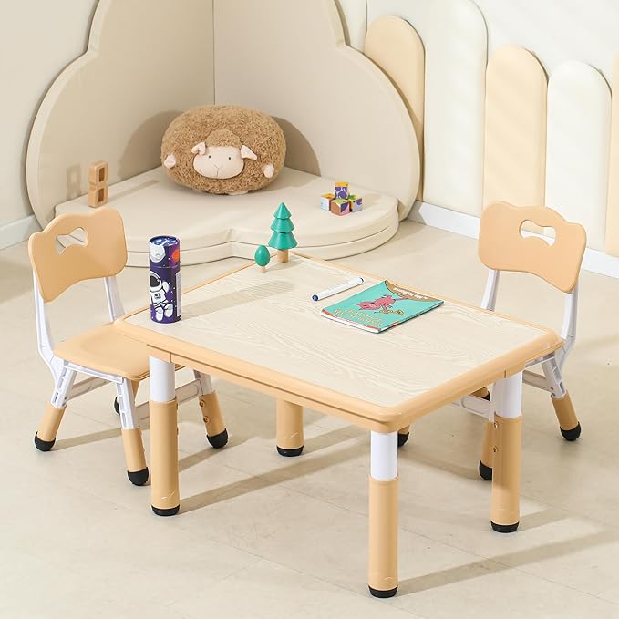Kids Table and Chairs, Height-Adjustable Toddler Table and Chair Set with 31.5''Lx23.6''W Graffiti Desktop, Table Chair for Ages 3-8, Childrens Table and Chair Set for Daycare with 2 Chairs, Brown