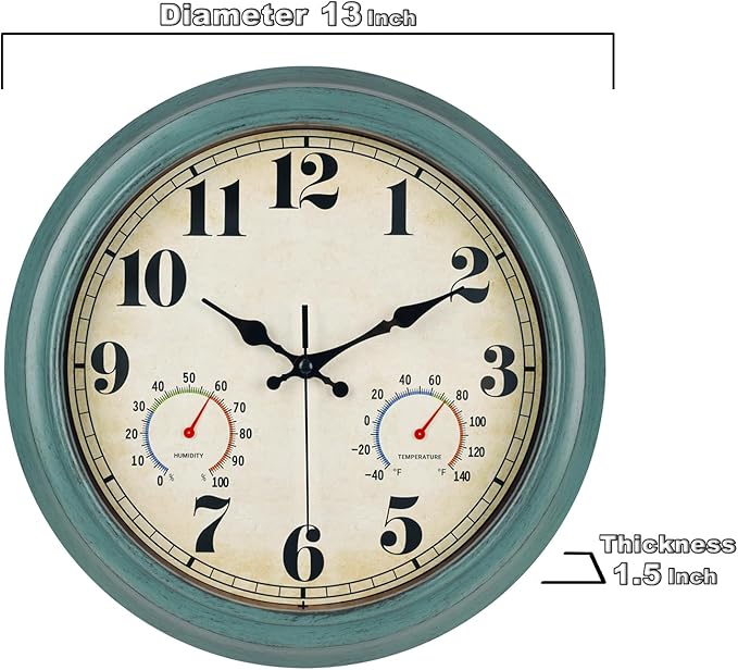 zyzamay 13 Inch Outdoor Clock with Thermometer and Hygrometer, Waterproof and Silent, Large Easy-to-Read Numbers, Ideal for Bedroom,Office,Living Room,Porch,Garden,Pool(Green)