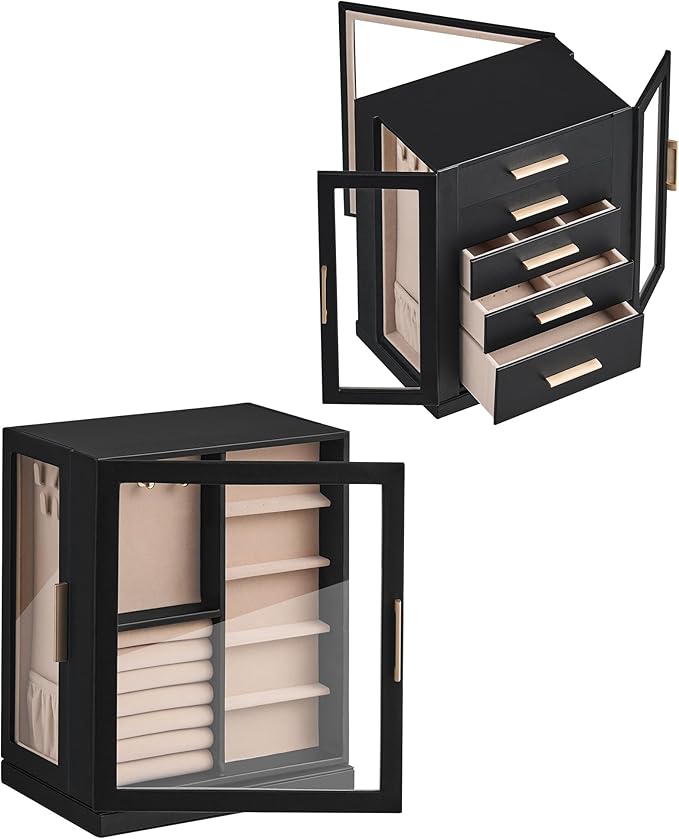 360° Rotating Jewelry Box with 5 Drawers, Spacious Vertical Jewelry Organizer with Glass Window, Jewelry Storage Case, Dustproof & Moisture-resistant Design, Black