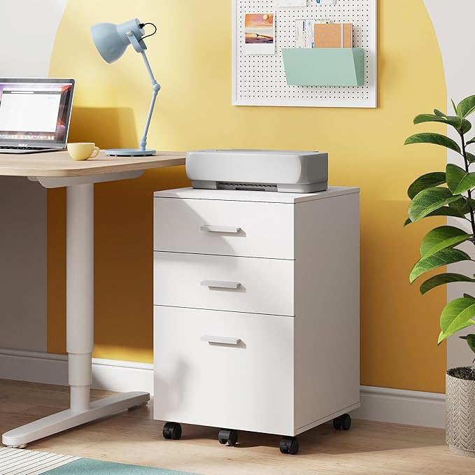 DEVAISE 3 Drawer Wood Mobile File Cabinet, Rolling Filing Cabinet for Letter/A4 Size, White