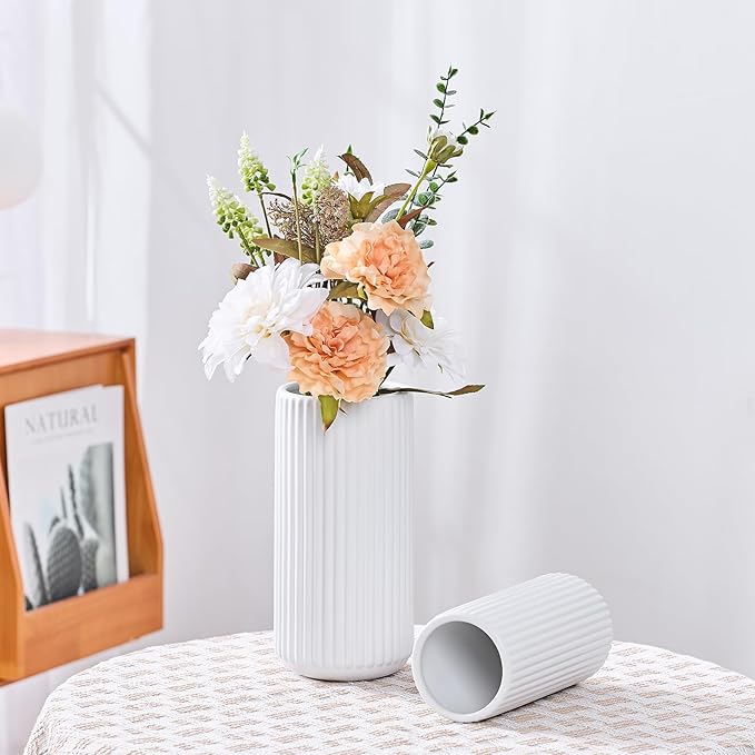 White Ceramic Flower Vase for Pampas Grass, 10 inch Large Decorative Centerpiece Ribbed Vase for Dining Table, Office Desktop, Shelf Bookshelf, Mantel, Entryway, Bathroom, Countertop, Farmhouse, Gift
