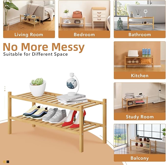 2 Tier Bamboo Shoe Rack Storage Organizer for Closet, Multifunctional Stackable Free Standing Shoe Shelf Organizer for Small Space,Entryway,Hallway,Bathroom 27"x11"x13"(Natural, 2 Tier)