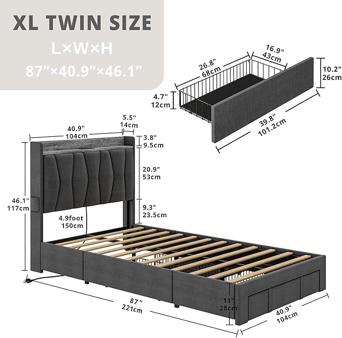 ANCTOR Twin XL Bed Frame with 3 Drawers, Upholstered Platform Bed with Storage Headboard and Charging Station, No Box Spring Needed, Easy Assembly, Grey