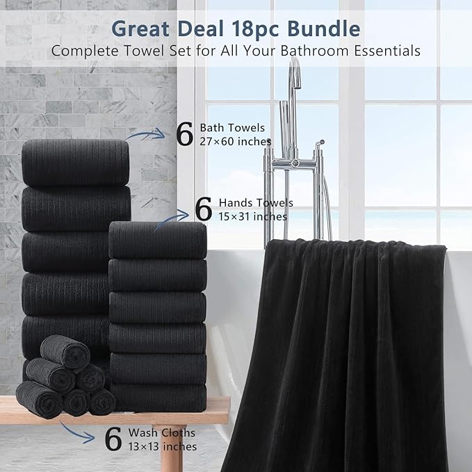 18 Piece Bath Towels Set,Super Soft Family Bathroom Towel Set with Hanging Loops-6 Bath Towels,6 Hand Towels,6 Washcloths,Highly Absorbent Quick Dry Shower Towel for Bathroom,Hotel,Spa-Black Towel Set
