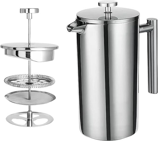 Travel French Press, 34oz Stainless Steel Coffee Press for Camping, Double Wall Insulated & No Drip Spout plastic free coffee maker