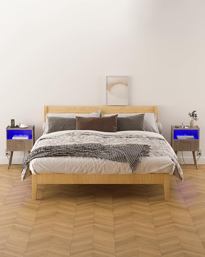 Modern Bedside Table, Nightstand with Charging Station and LED Lights