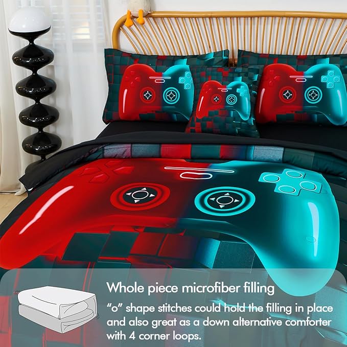 PERFEMET 6 Pcs Gamer Bed Set Twin Size Red and Teal Game Console Kids Bed in A Bag Set Soft Fluffy 3D Cool Teen Boys Gaming Comforter Set with Bed Sheet(Red Teal, Twin)