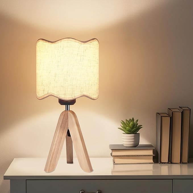 Hamilyeah Bedside Lamps Set of 2, Beige Table Lamps with Scalloped Shade, Fabric Linen Lamps for Night Stands with On/Off Switch, Industrial Desk Lamps for Bedroom, Living Room
