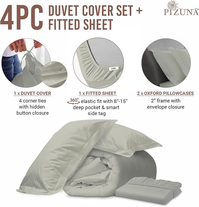 Pizuna 100% Cotton Full 3 Pc Duvet Cover + 1 Pc Fitted Sheet Set 400 Thread Count Silver Sateen Weave Luxurious Long Staple Cotton 4 Piece Bedding Set - 1 Duvet Cover, 2 Pillow Shams, 1 Fitted Sheet