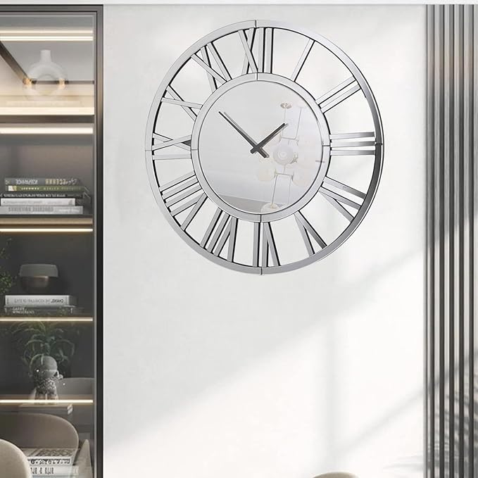 24" Large Wall Clock Decorative, Acrylic Mirrored Clock for Living Room Decor, Battery Operated Big Silver Modern Wall Clocks