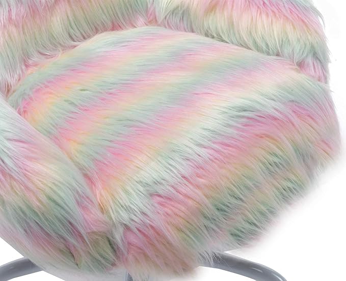 Cute Unicorn Kids Desk Chair with Arms, Swivel Rolling Ergonomic Computer Chair for Girls' Reading and Study, Rainbow Faux Fur Vanity Desk Chair