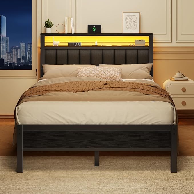 Furnulem Full Size Bed Frame with Charging Station and LED Lights, Platform Bed with Metal Slats, Grey Upholstered Headboard with 2-Tier Storage Shelves, No Box Spring Needed