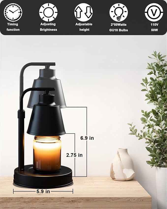 Candle Warmer Lamp with Timer - Adjustable Brightness & Height, 2 Free Bulbs Included | Wax Warmer Lamp for Jar Candles, Farmhouse & Home Decor Gift (Black)