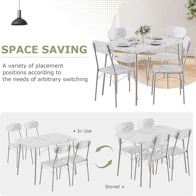 VECELO Dining Table Set for 4, 5-Piece Kitchen Table with 4 Chairs, MDF Board Tabletop with Metal Frame for Small Space, Compact Dinette, Breakfast Nook, White