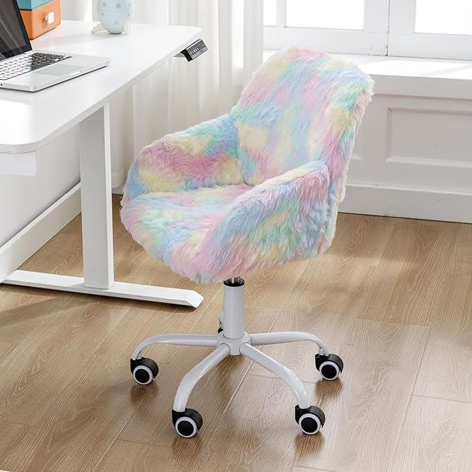 DUOMAY Kids Desk Chair, Faux Fur Colorful Upholstered Computer Chair for Boys and Girls, Cute Study Swivel Height Adjustable Arm Chair for Child, Rainbow Color