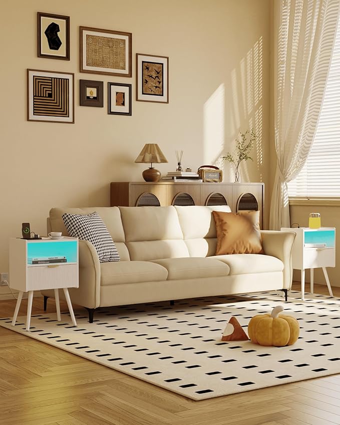 White Nightstand, Modern Bedside Table with Charging Station and LED Lights, Wood Night Stand with Drawer and Opening Storage