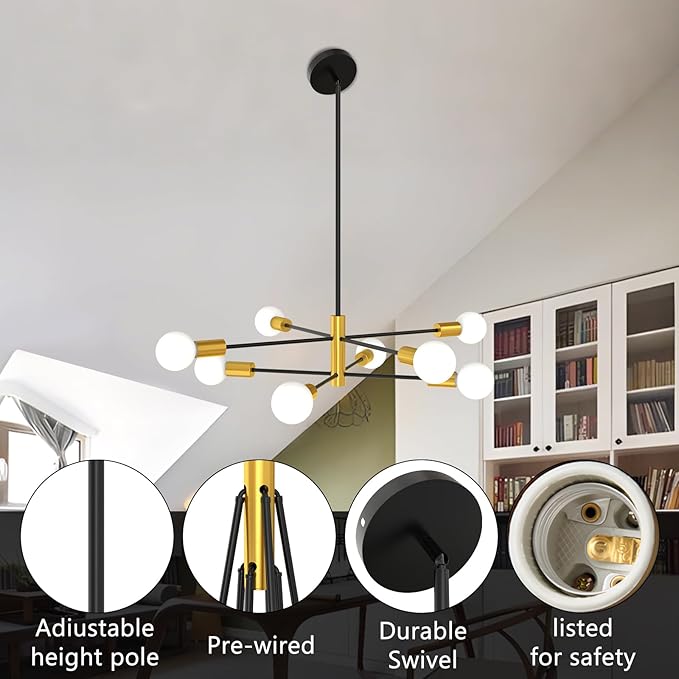 Sputnik Ceiling Light Fixture Chandelier, 8-Light Dining Room Light Over Table Height Adjustable Mid Century Hanging Light Fixture E26 Pendant for Bedroom Kitchen Livingroom 53InchH Gold+Black